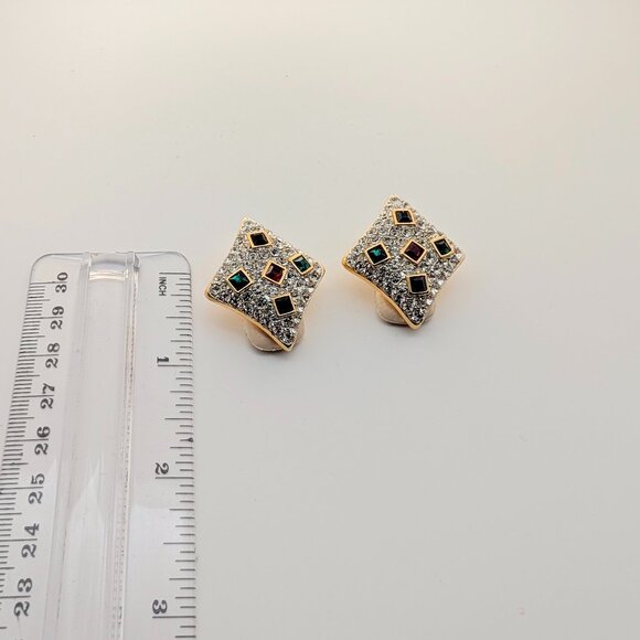 Vintage Oscar de la Renta Signed Gold Tone Rhinestone Clip Earrings - UNWORN - Picture 3 of 12